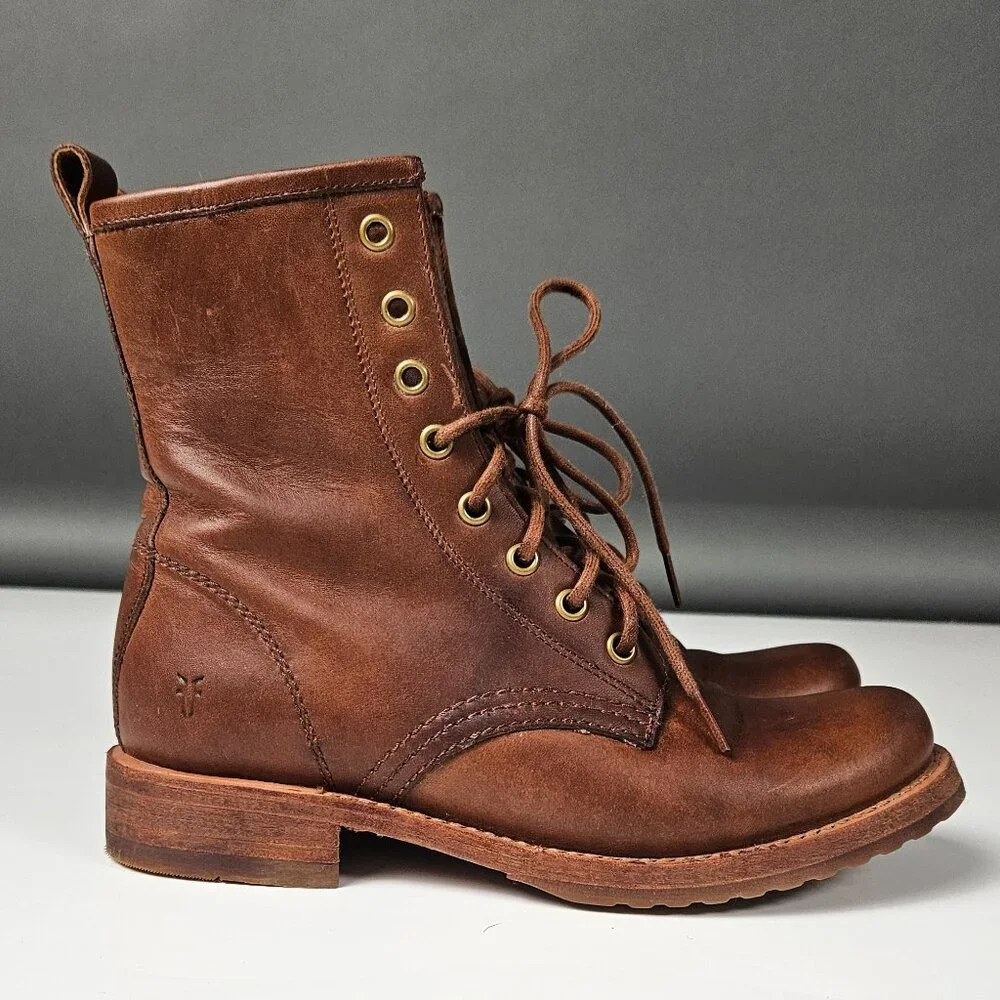 FRYE Veronica Combat Boot Cognac Brown Tan - Leather - Picture 10 of 16